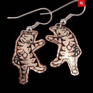 Copper Reflections Dangle Earrings Gray Striped Kitty Dancing Cat Funny Light